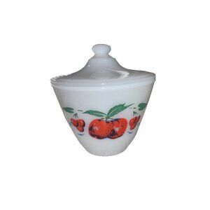Vintage White Fire King Apple & Cherries Pattern Grease Jar & Lid 6'' Tall Red